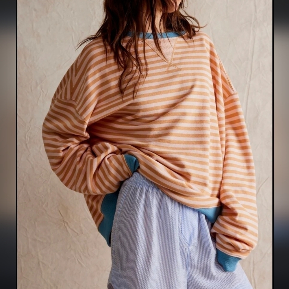 Free People Classic Striped Oversized Crewneck Sweatshirt  Sweater NEW!
